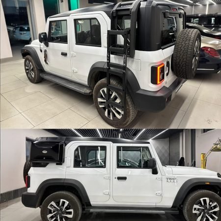 Mahindra Thar storage box and side ladder defender-style off-road utility steel accessory